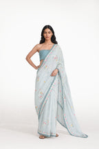 Embroidered Saree Saree Light Grey & Aquamarine Mul Chanderi Saree
