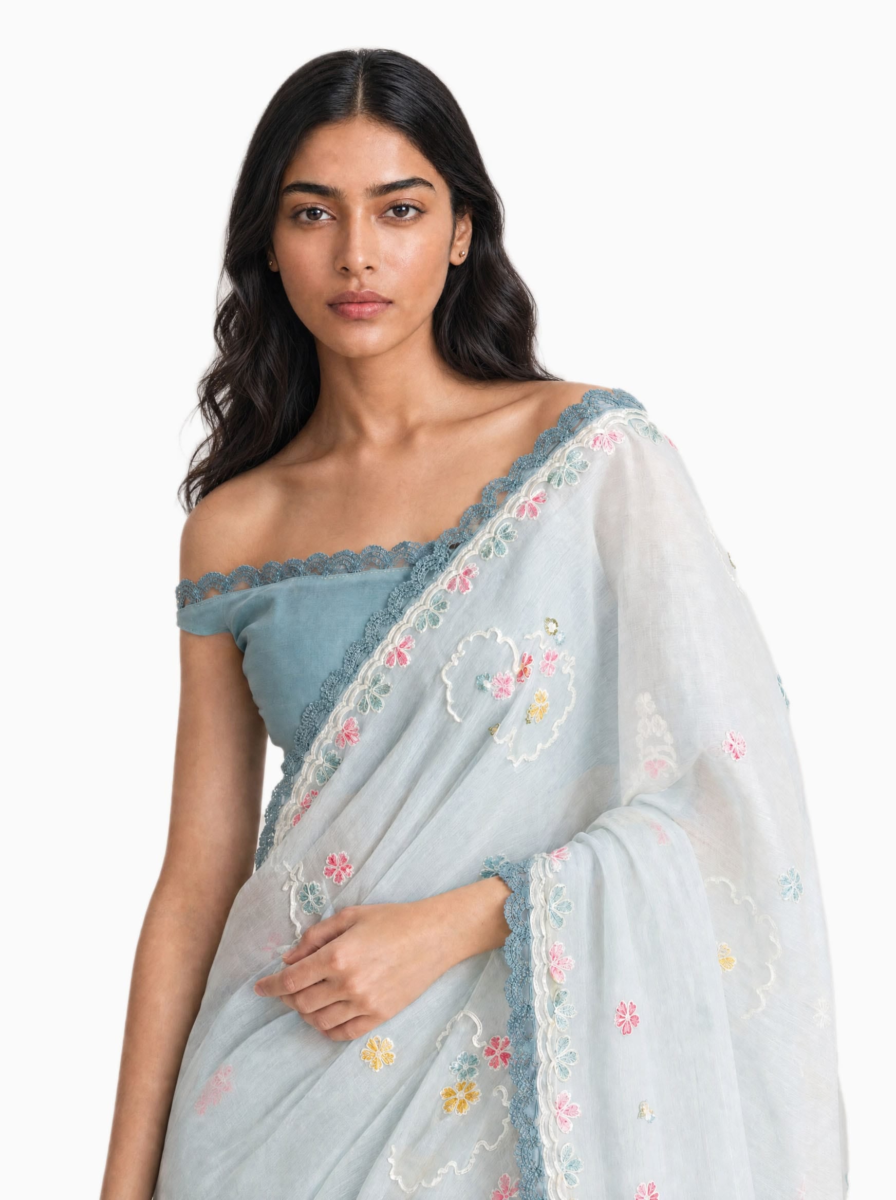 Embroidered Saree Saree Light Grey & Aquamarine Mul Chanderi Saree