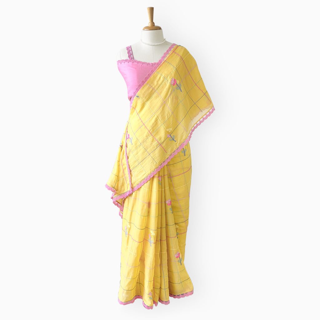 Embroidered Saree Saree Mustard Yellow & Pink Mul Chanderi Saree