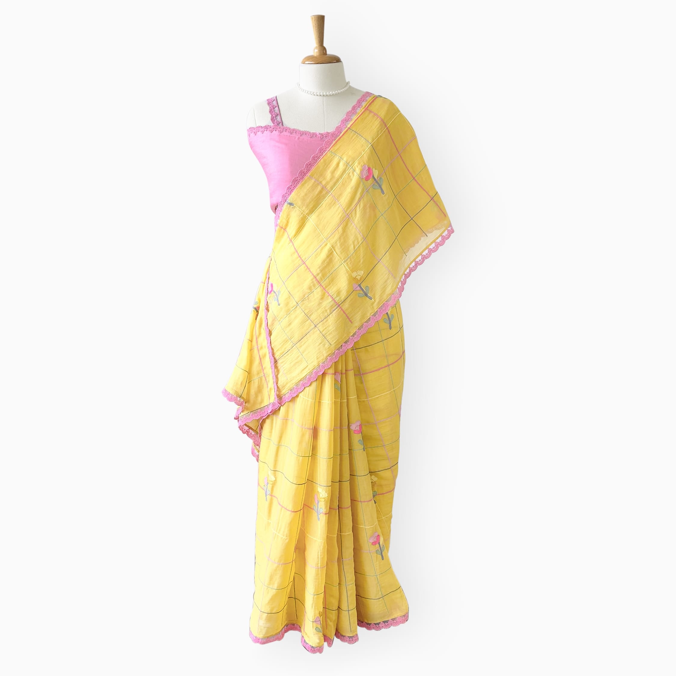 Embroidered Saree Saree Mustard Yellow & Pink Mul Chanderi Saree