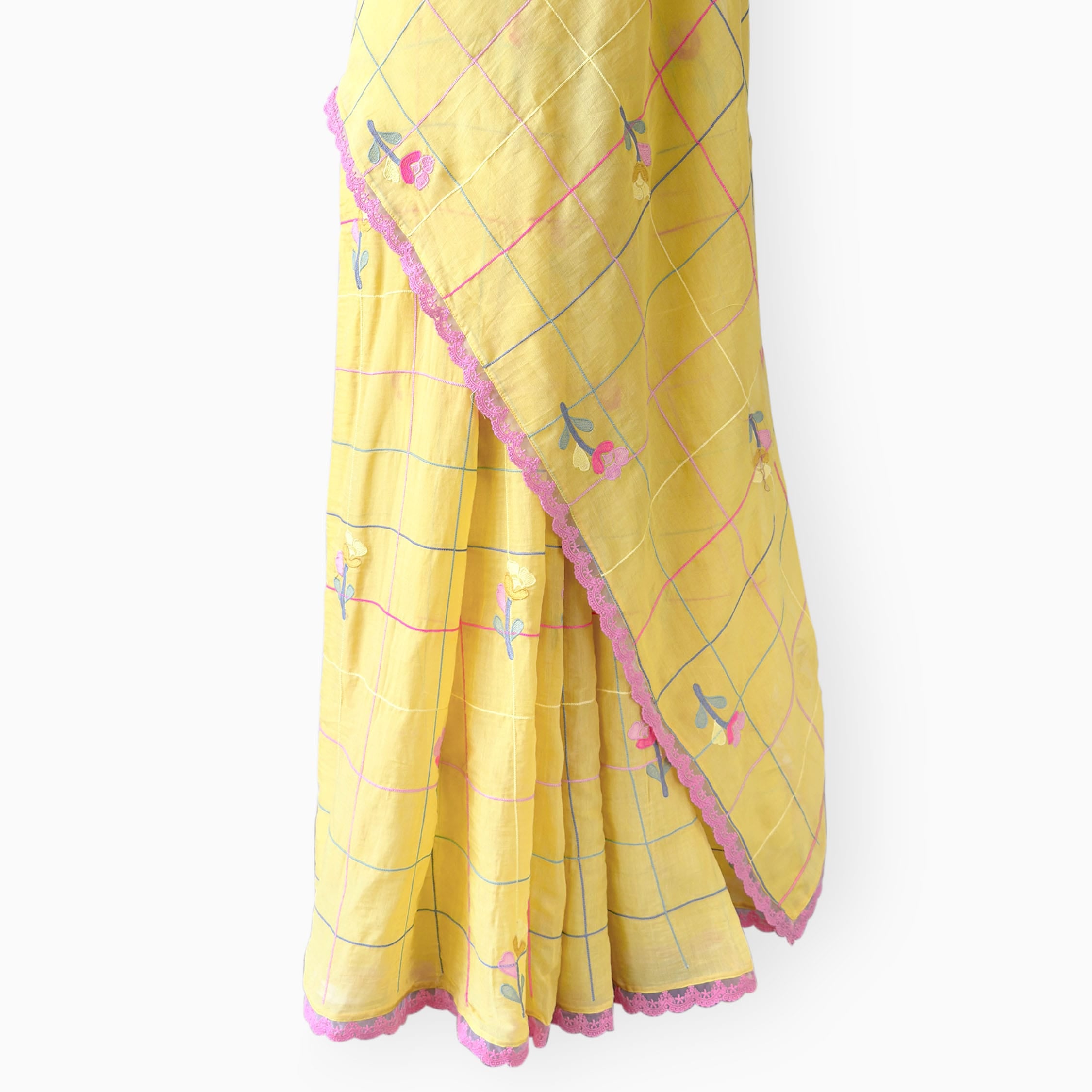 Embroidered Saree Saree Mustard Yellow & Pink Mul Chanderi Saree