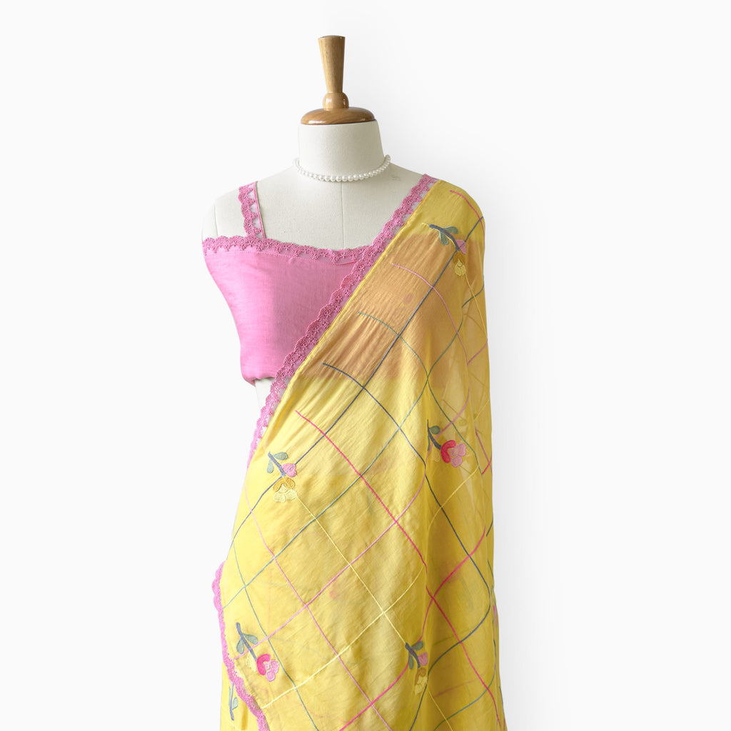 Embroidered Saree Saree Mustard Yellow & Pink Mul Chanderi Saree