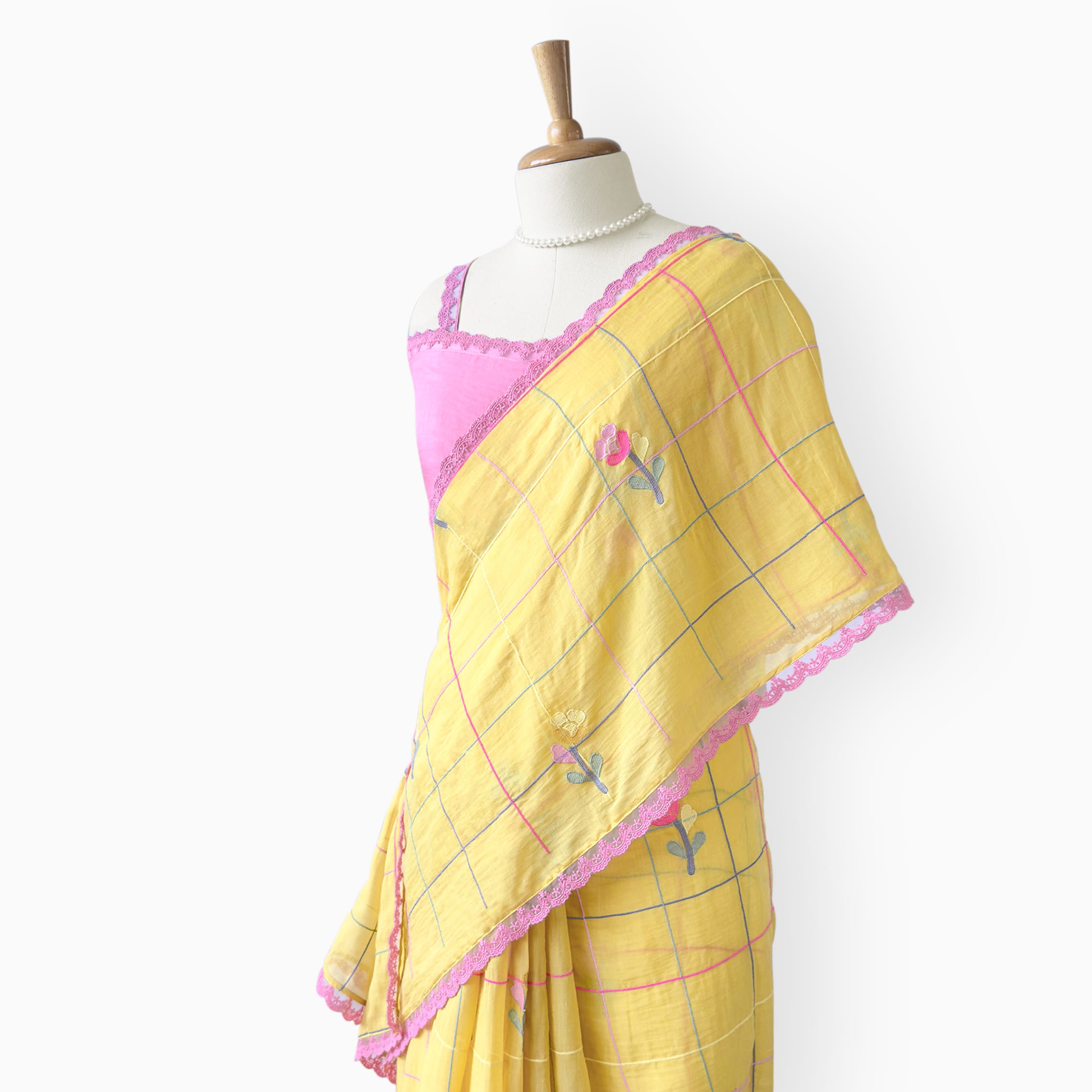 Embroidered Saree Saree Mustard Yellow & Pink Mul Chanderi Saree