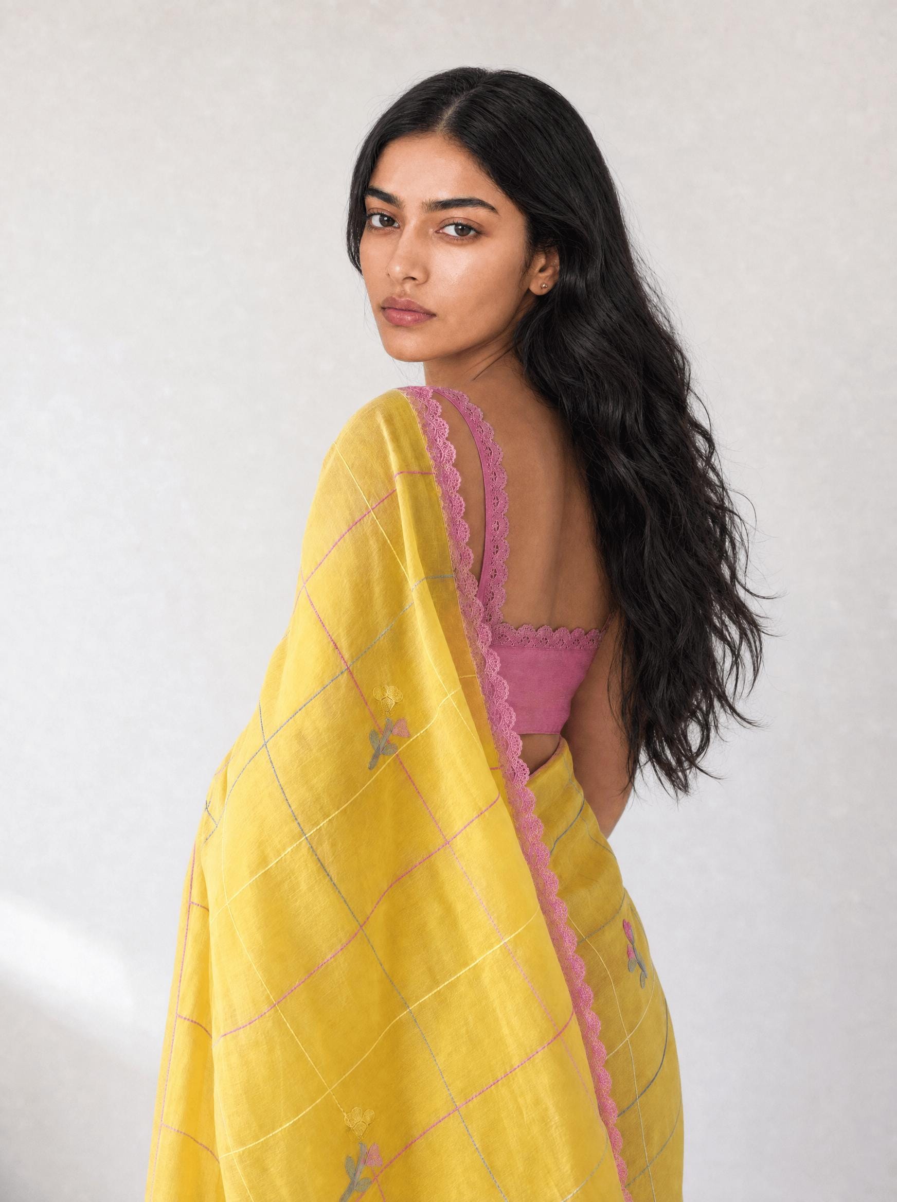 Embroidered Saree Saree Mustard Yellow & Pink Mul Chanderi Saree