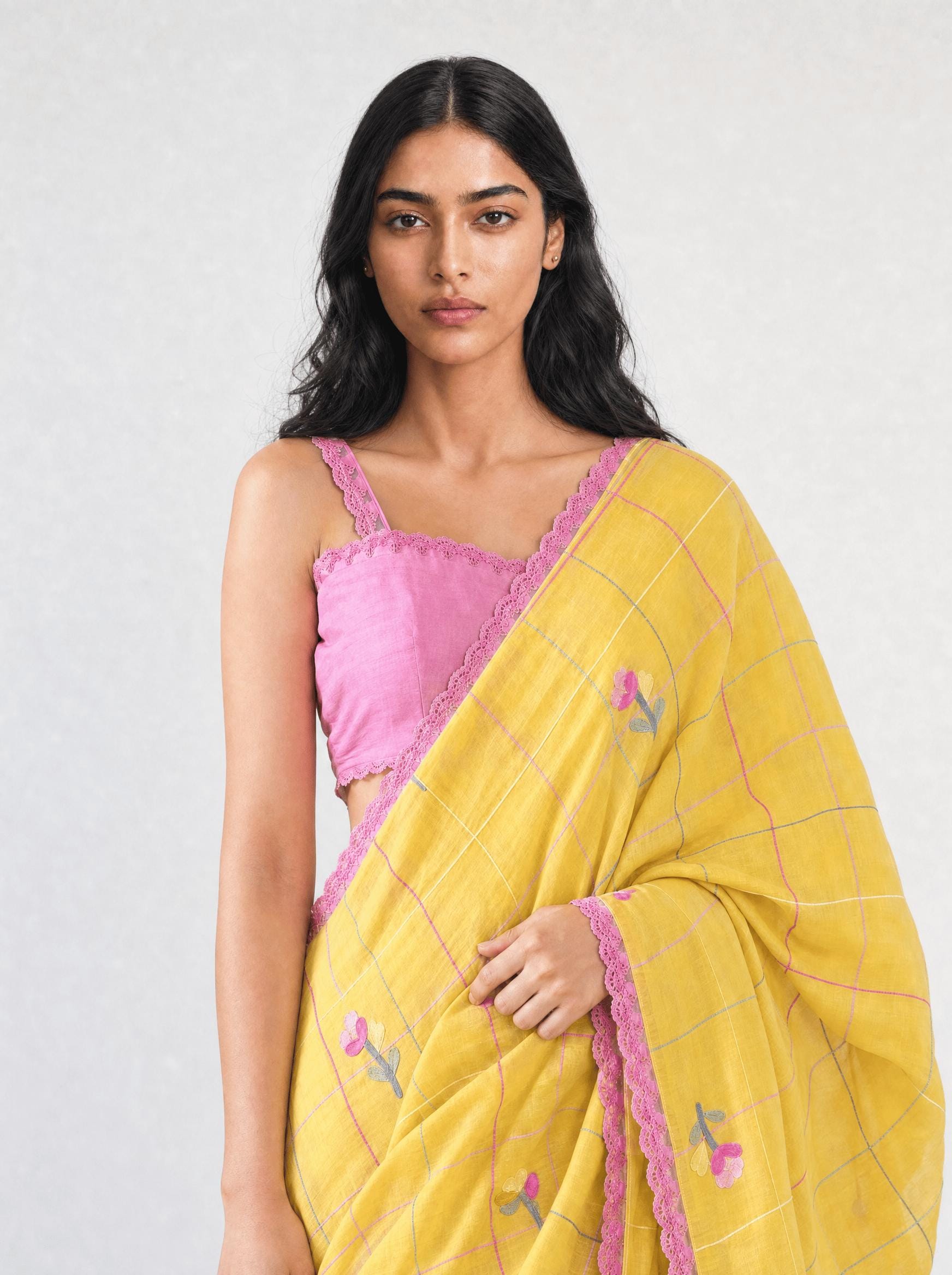 Embroidered Saree Saree Mustard Yellow & Pink Mul Chanderi Saree