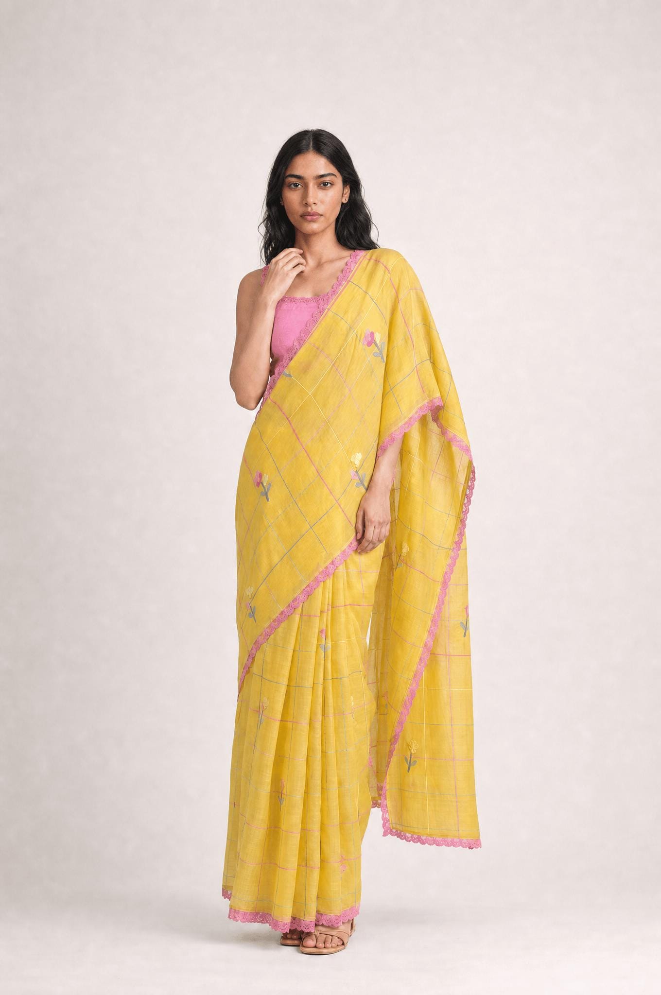Embroidered Saree Saree Mustard Yellow & Pink Mul Chanderi Saree