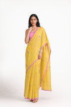 Embroidered Saree Saree Mustard Yellow & Pink Mul Chanderi Saree