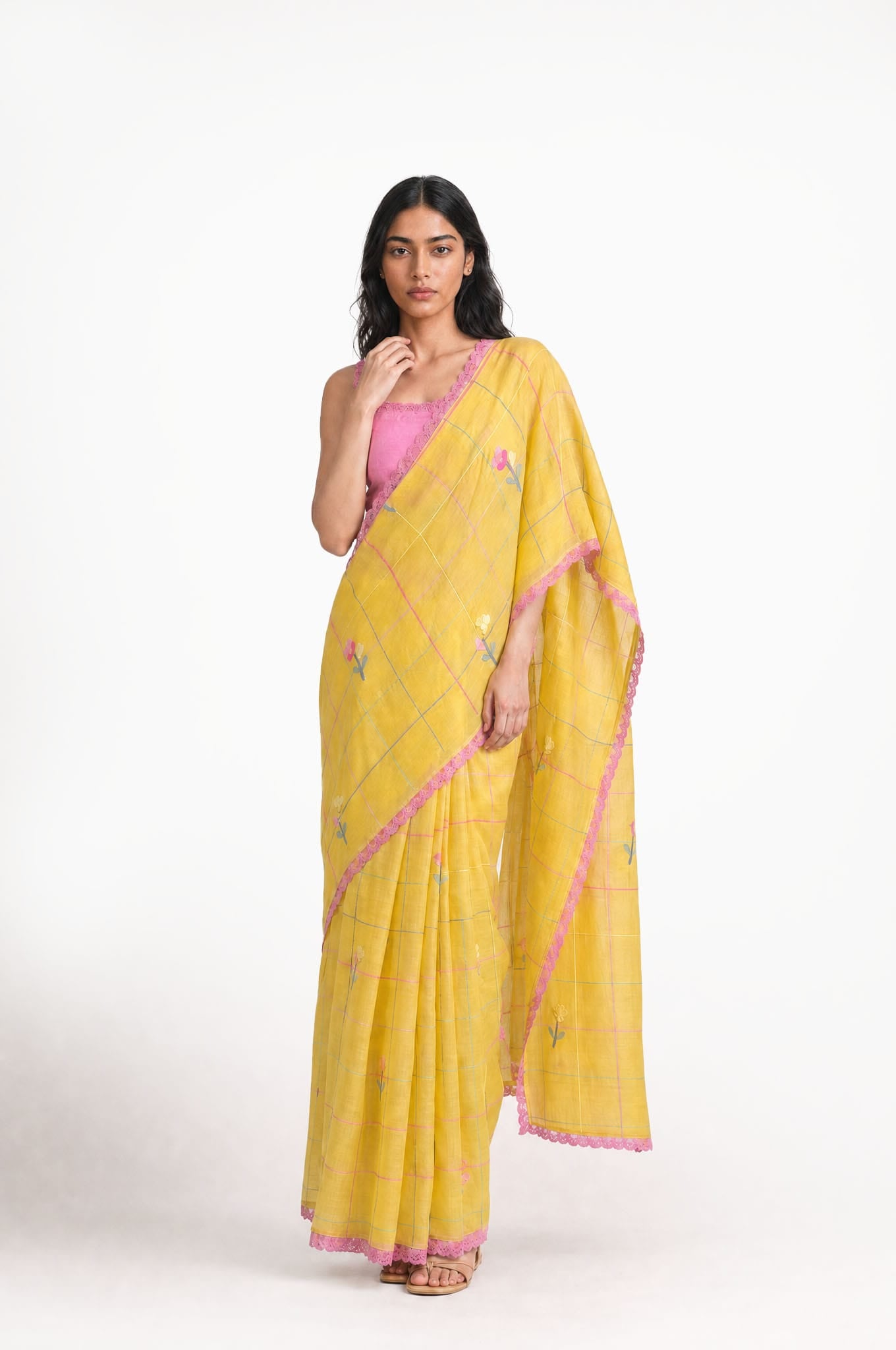 Embroidered Saree Saree Mustard Yellow & Pink Mul Chanderi Saree