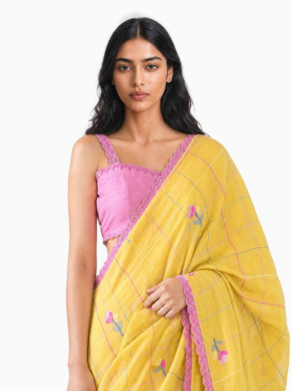 Embroidered Saree Saree Mustard Yellow & Pink Mul Chanderi Saree