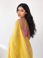 Embroidered Saree Saree Mustard Yellow & Pink Mul Chanderi Saree