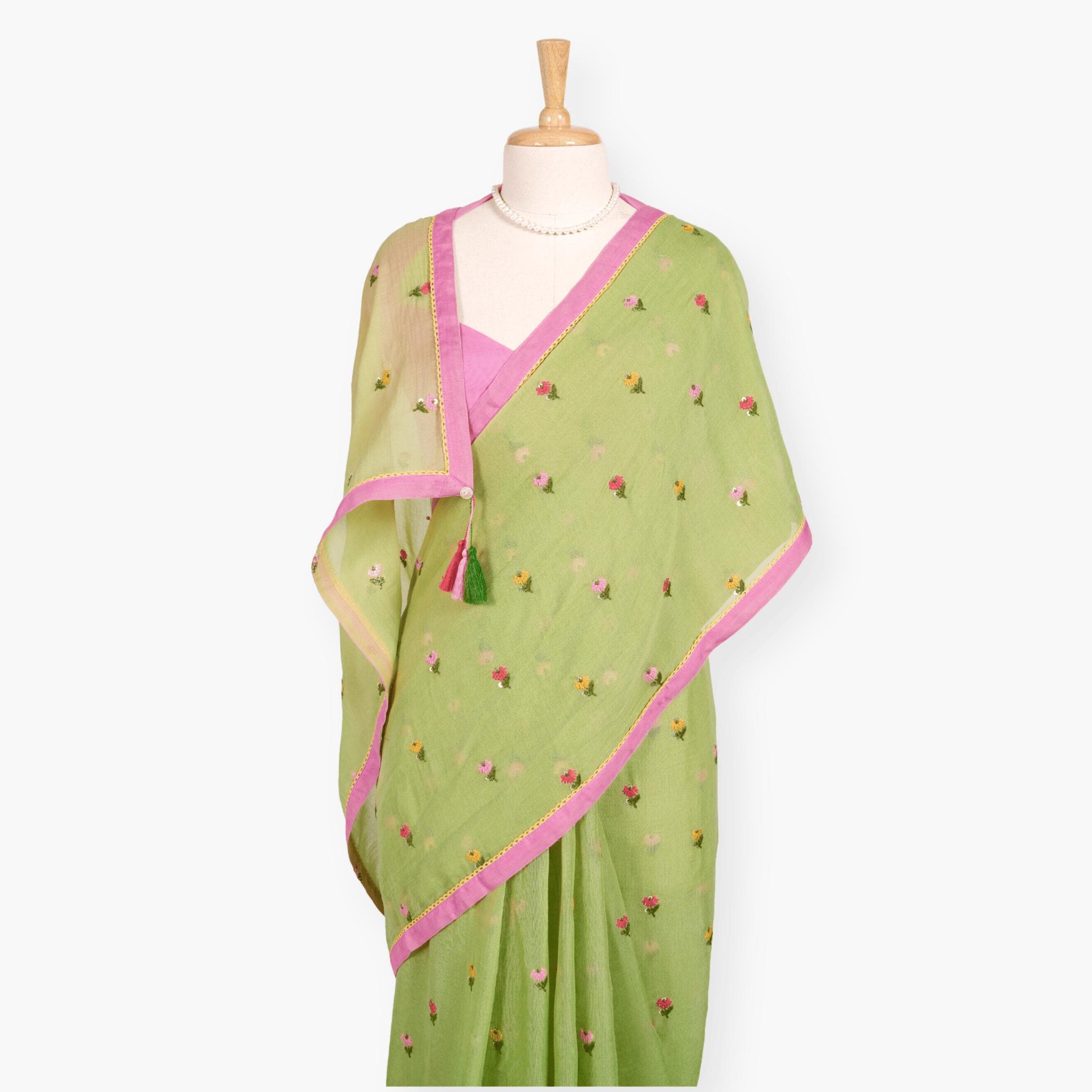 Embroidered Saree Saree Pastel Green Mul Chanderi Saree