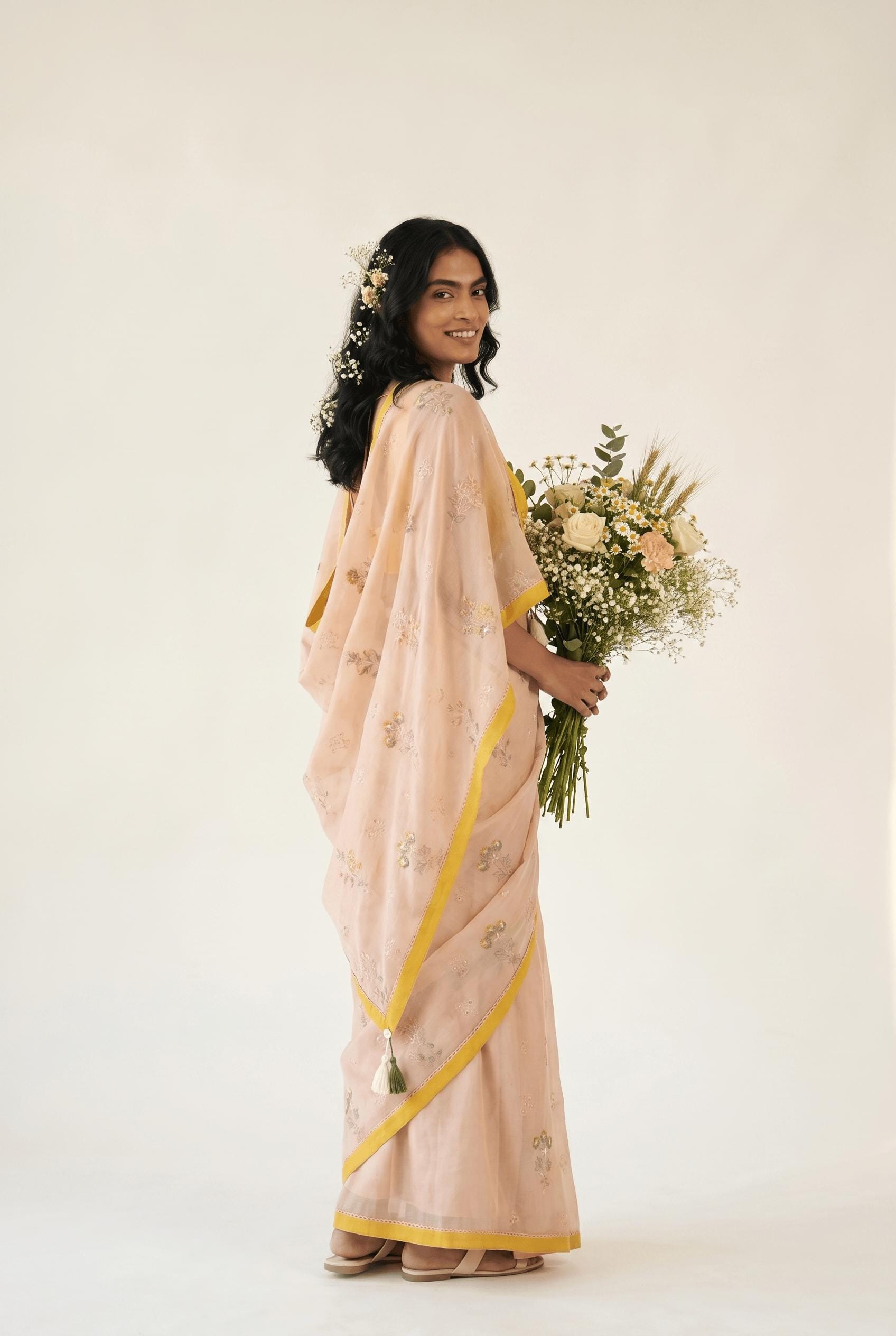 Embroidered Saree Saree Pastel Peach Mul Chanderi Saree