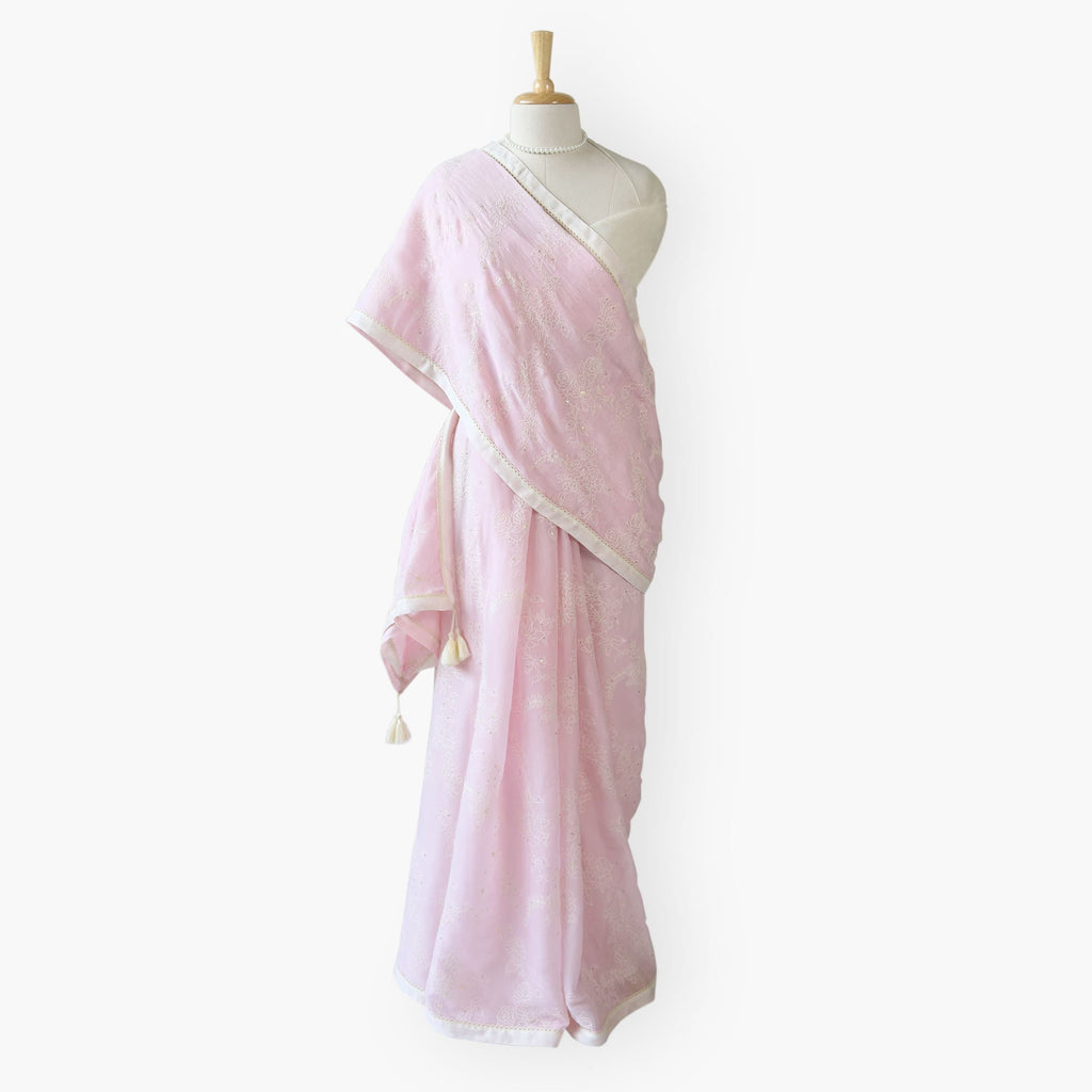 Embroidered Saree Saree Pastel Pink Mul Chanderi Saree