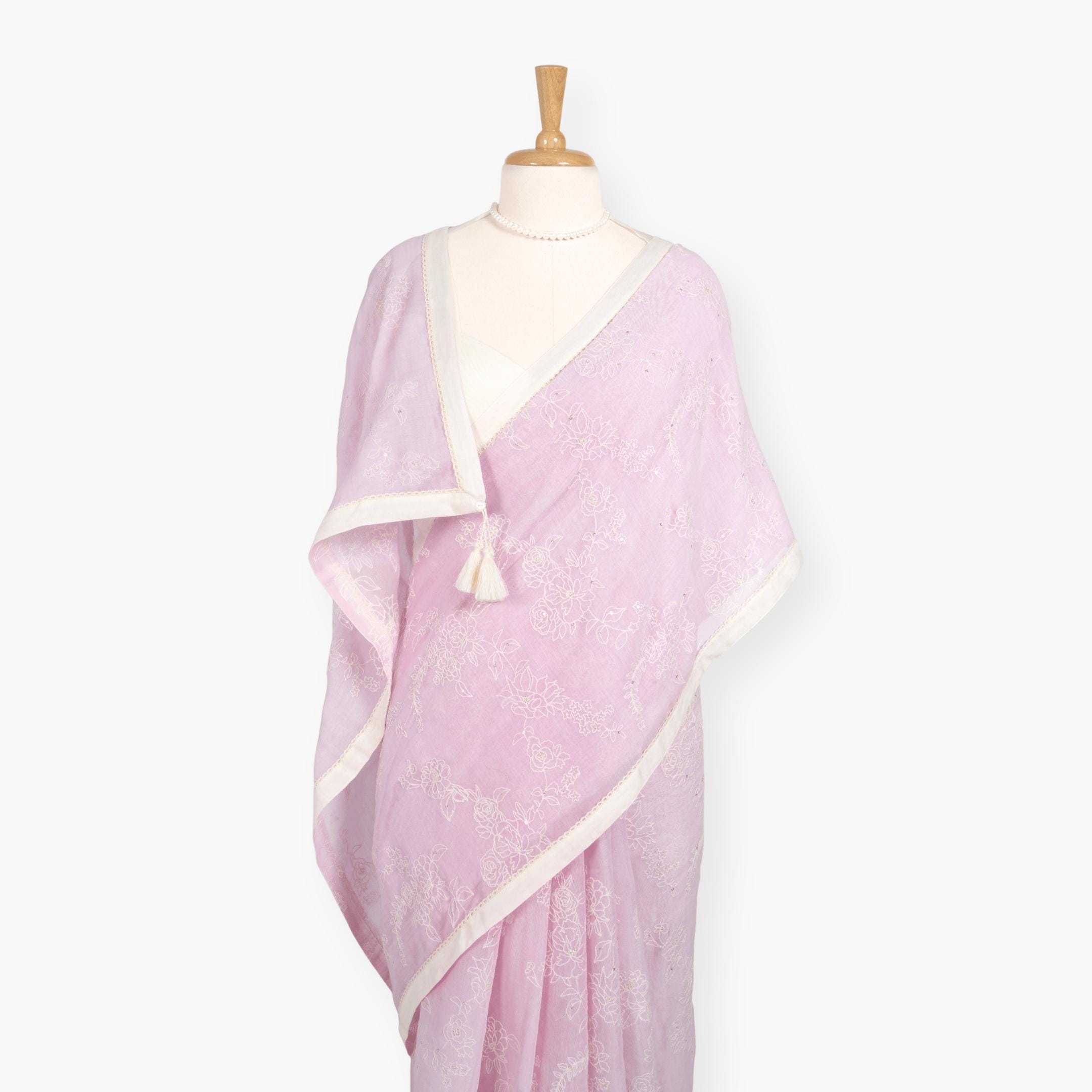 Embroidered Saree Saree Pastel Pink Mul Chanderi Saree