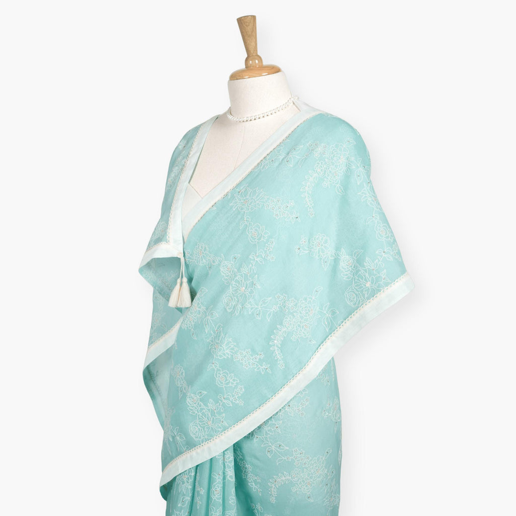 Embroidered Saree Saree Pastel Turquoise Mul Chanderi Saree