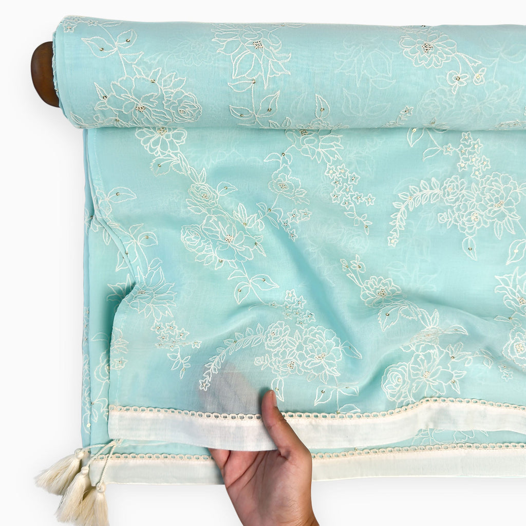 Embroidered Saree Saree Pastel Turquoise Mul Chanderi Saree