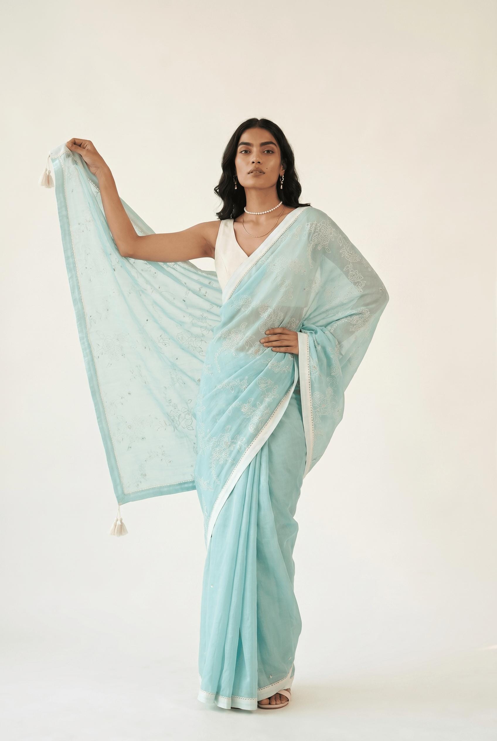 Embroidered Saree Saree Pastel Turquoise Mul Chanderi Saree