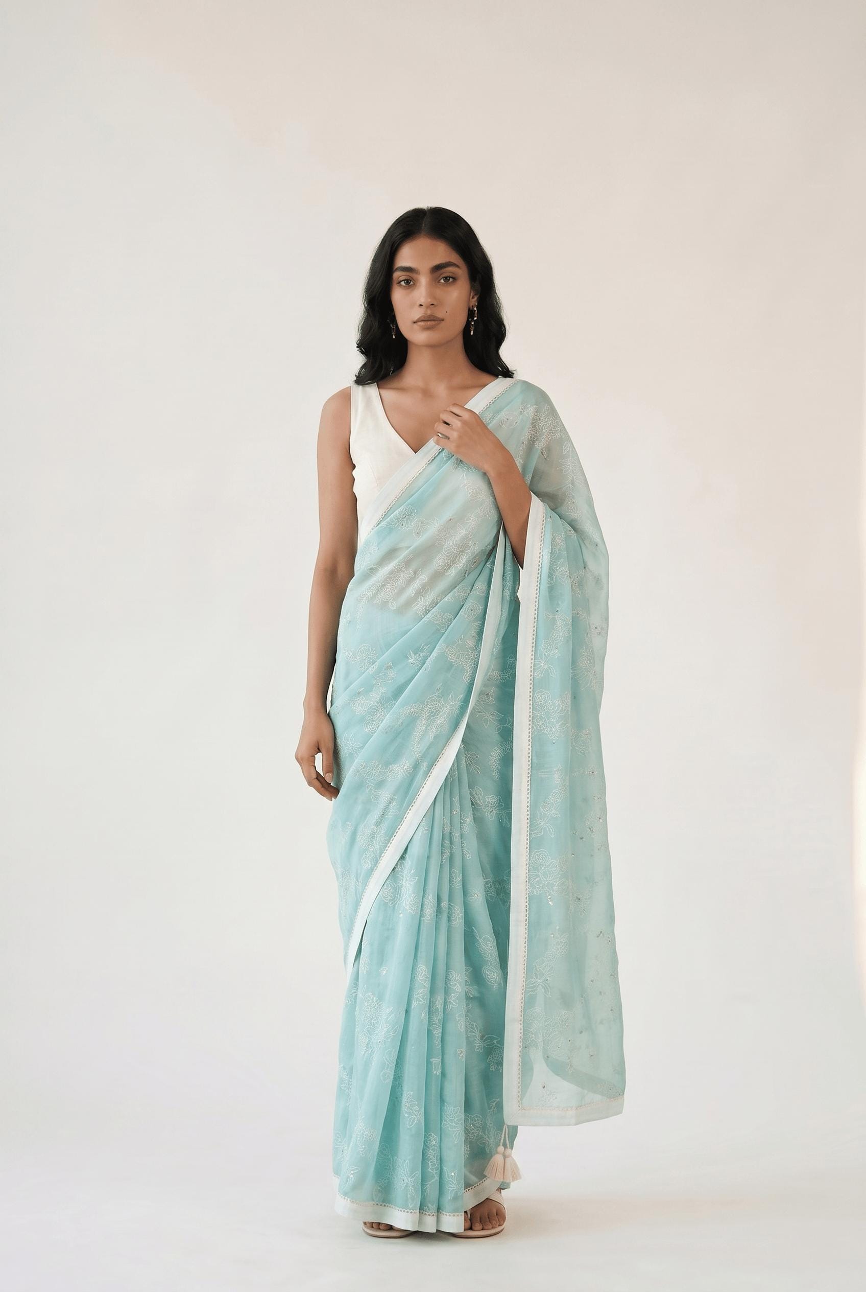 Embroidered Saree Saree Pastel Turquoise Mul Chanderi Saree