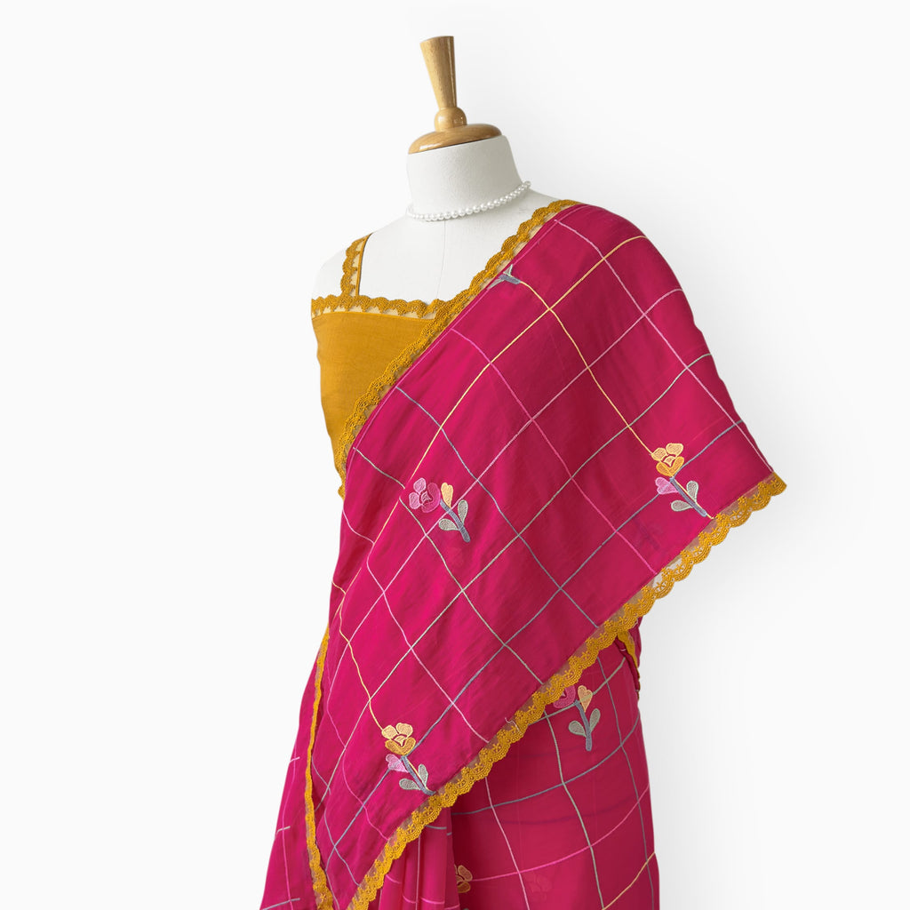 Embroidered Saree Saree Rani Pink & Mustard Yellow Mul Chanderi Saree