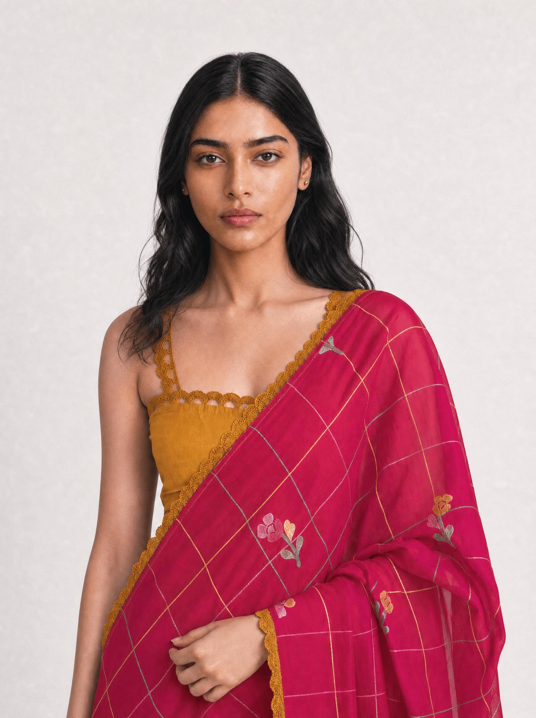 Embroidered Saree Saree Rani Pink & Mustard Yellow Mul Chanderi Saree