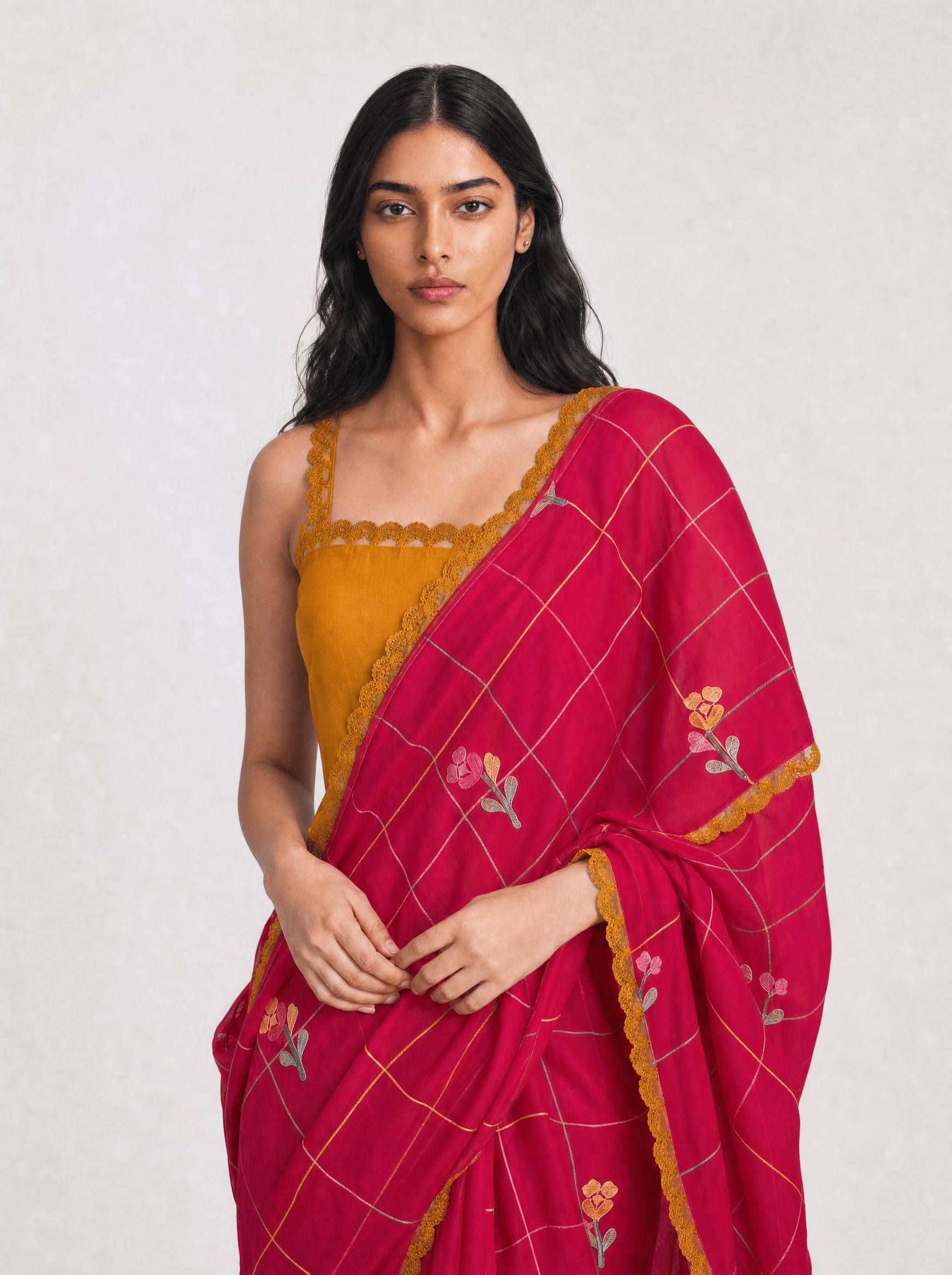 Embroidered Saree Saree Rani Pink & Mustard Yellow Mul Chanderi Saree