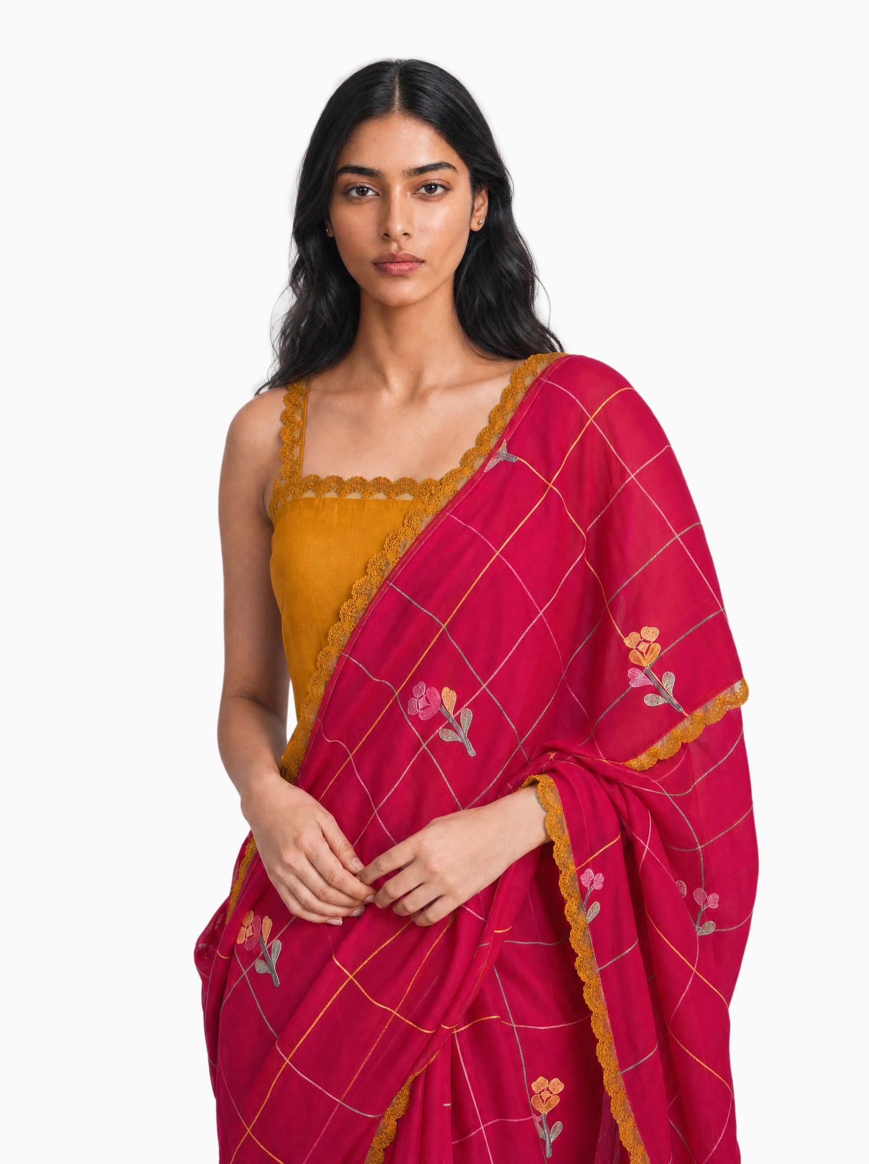 Embroidered Saree Saree Rani Pink & Mustard Yellow Mul Chanderi Saree