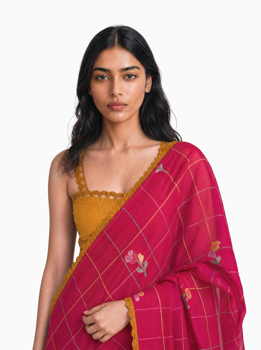 Embroidered Saree Saree Rani Pink & Mustard Yellow Mul Chanderi Saree