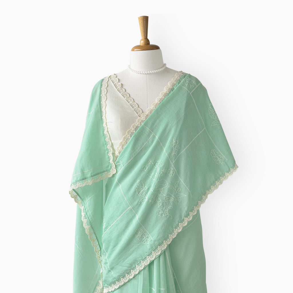 Embroidered Saree Saree Sea Green & Off-White Mul Chanderi Saree