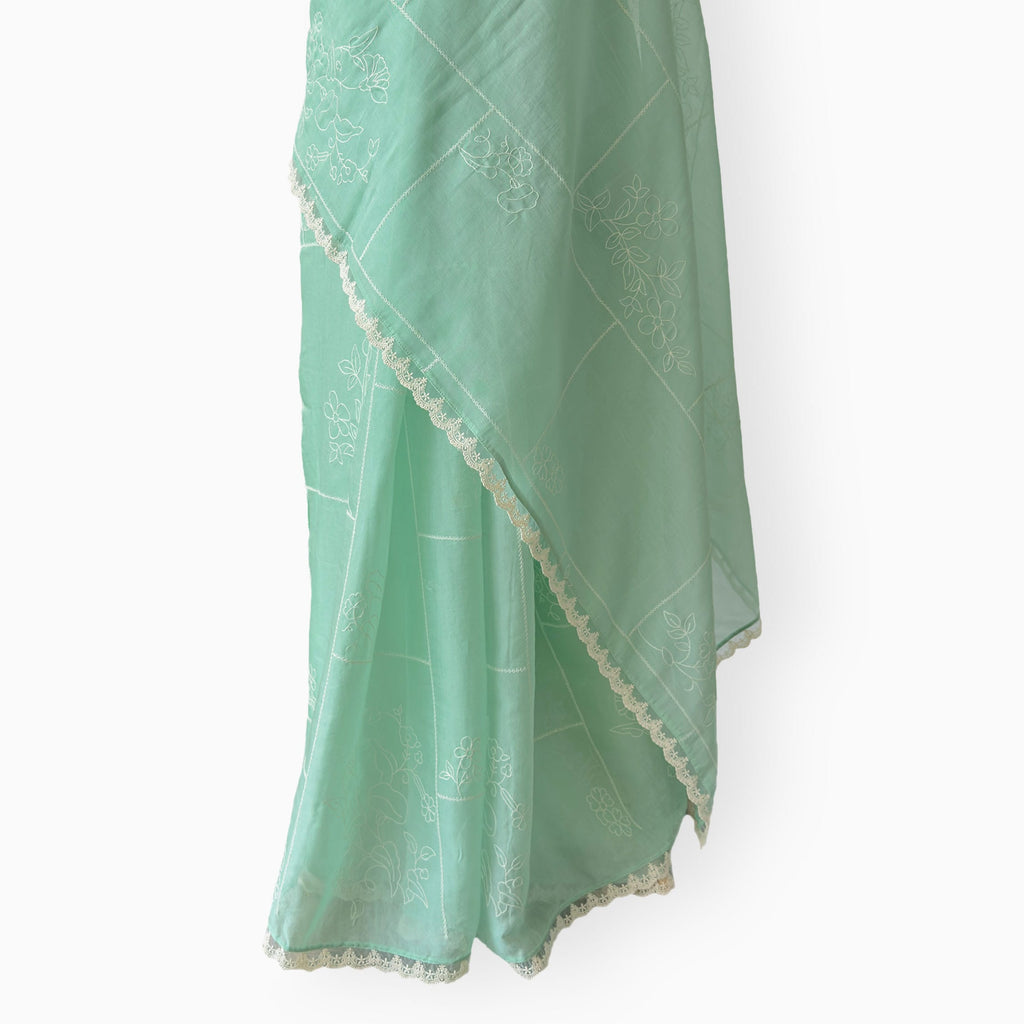Embroidered Saree Saree Sea Green & Off-White Mul Chanderi Saree