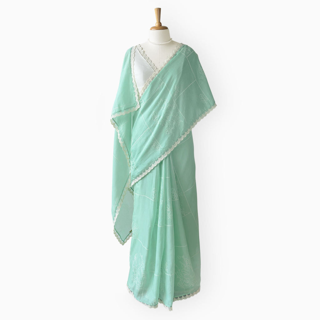 Embroidered Saree Saree Sea Green & Off-White Mul Chanderi Saree