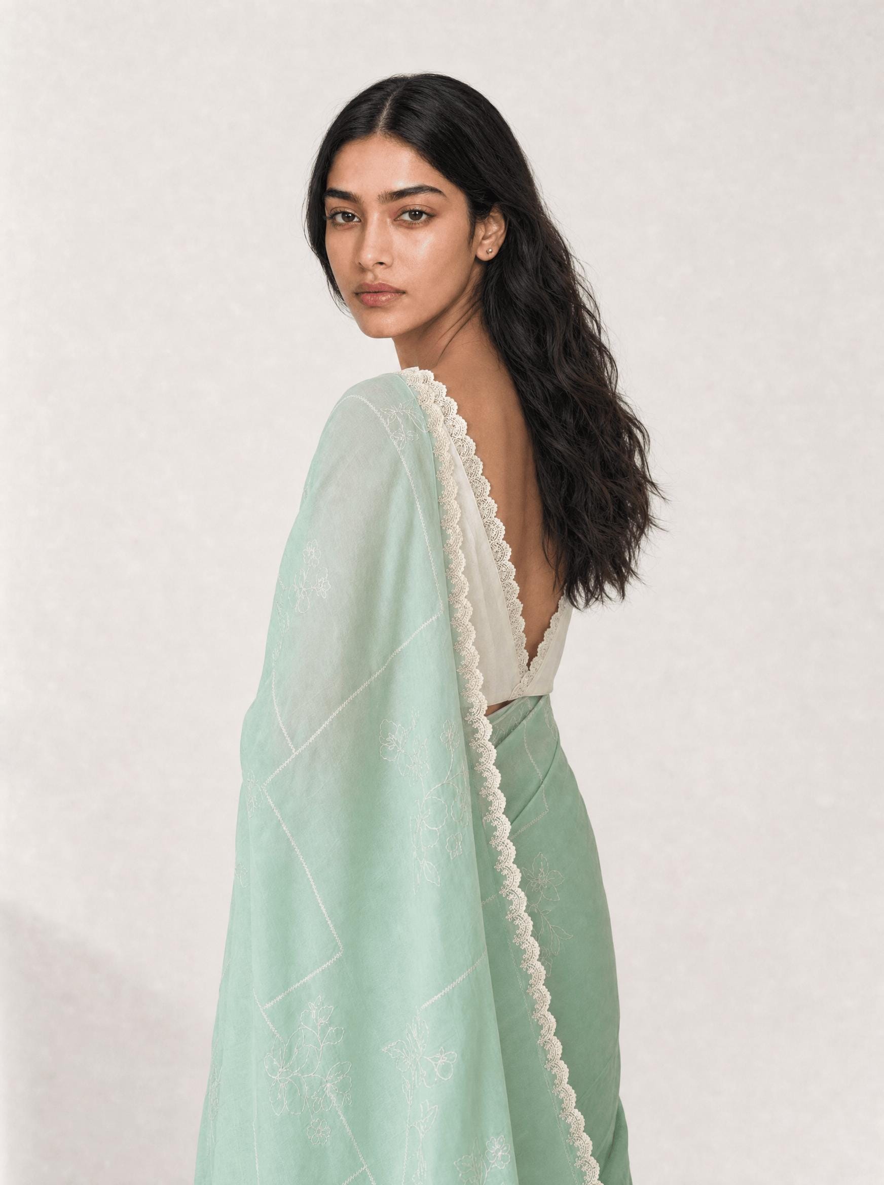 Embroidered Saree Saree Sea Green & Off-White Mul Chanderi Saree