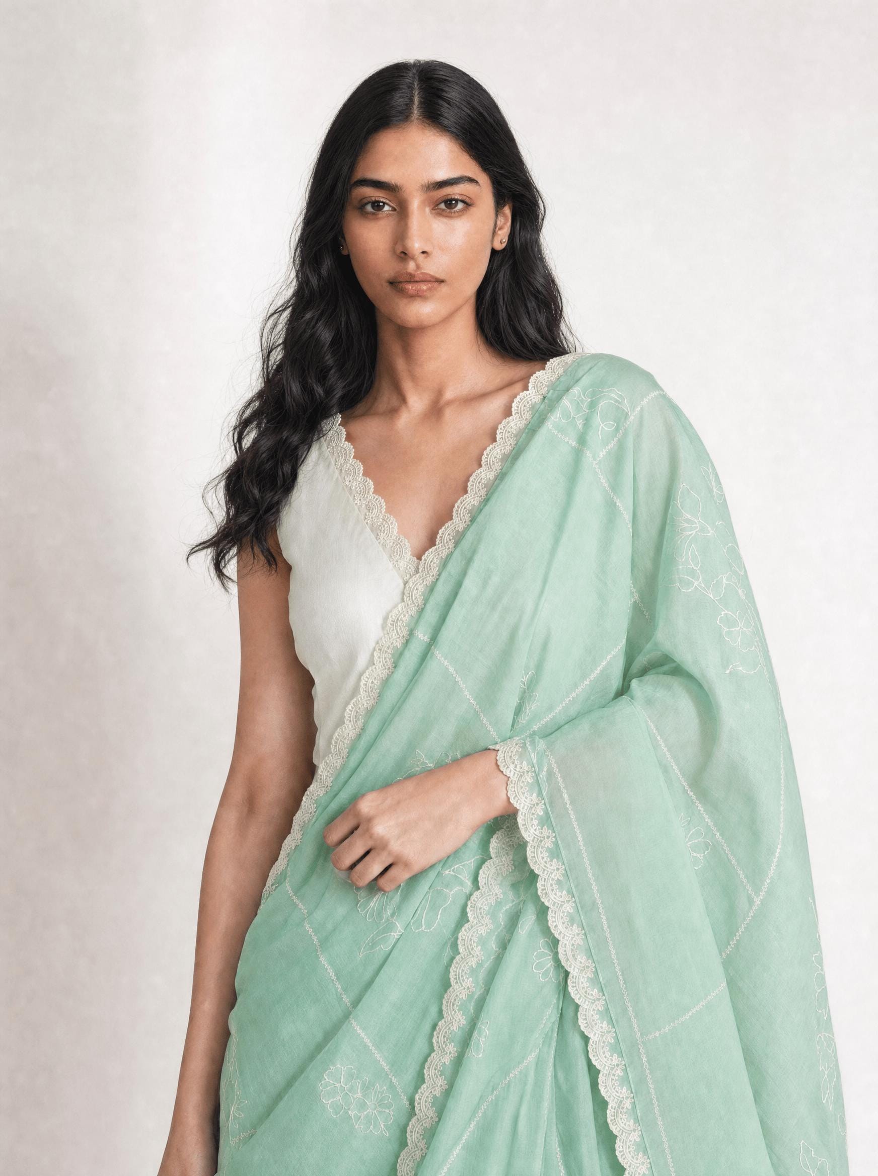 Embroidered Saree Saree Sea Green & Off-White Mul Chanderi Saree