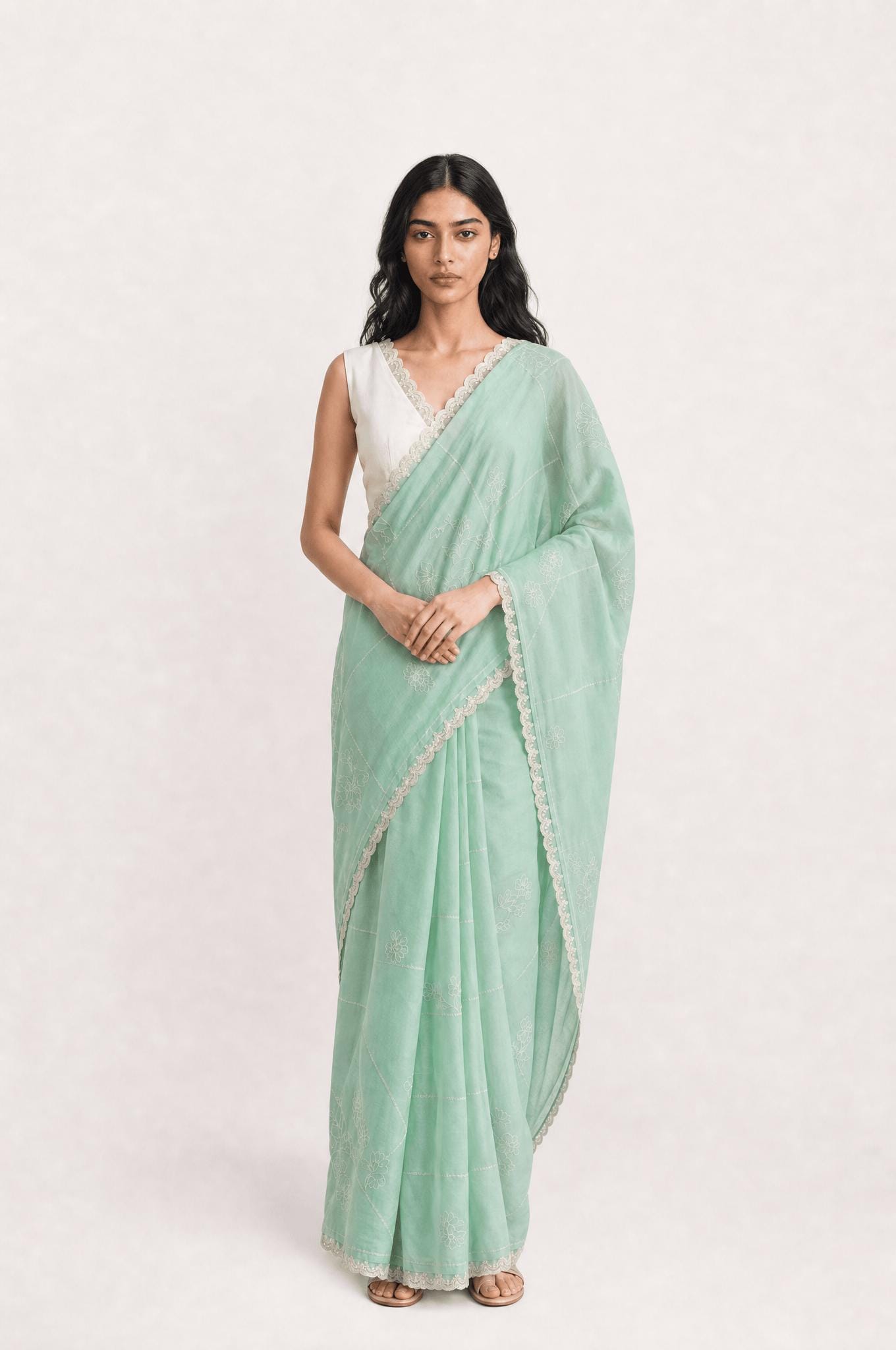 Embroidered Saree Saree Sea Green & Off-White Mul Chanderi Saree