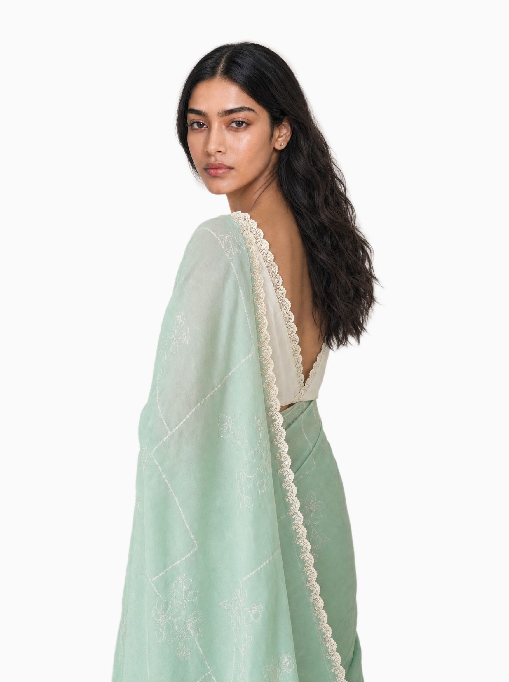 Embroidered Saree Saree Sea Green & Off-White Mul Chanderi Saree