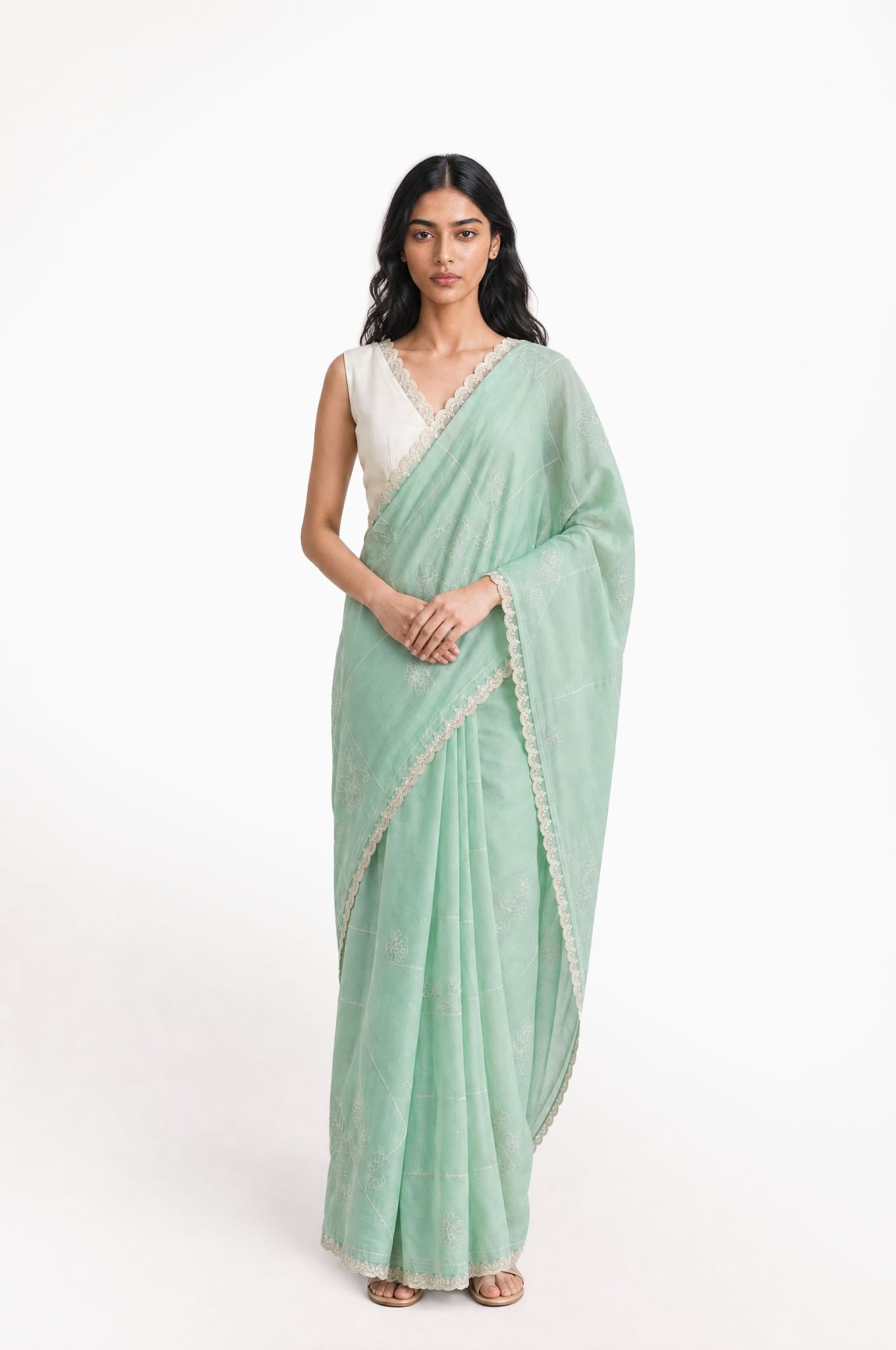Embroidered Saree Saree Sea Green & Off-White Mul Chanderi Saree