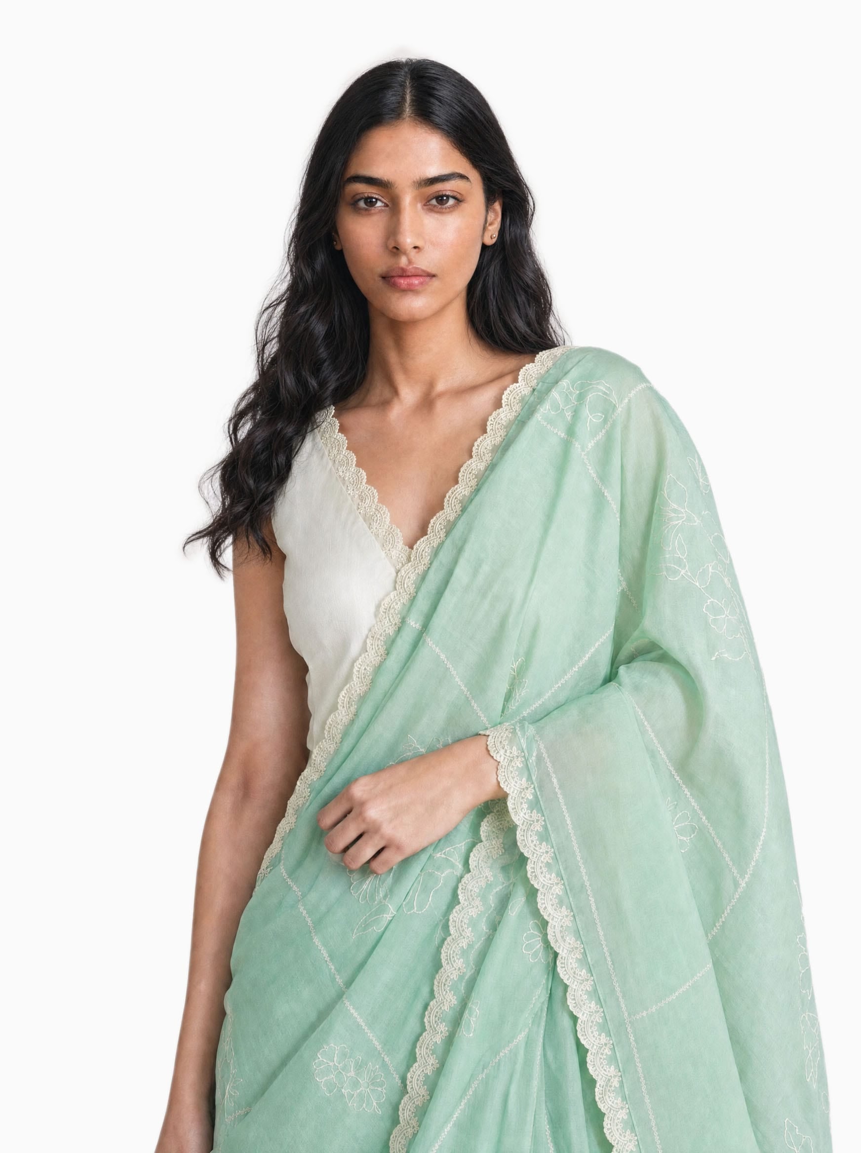 Embroidered Saree Saree Sea Green & Off-White Mul Chanderi Saree
