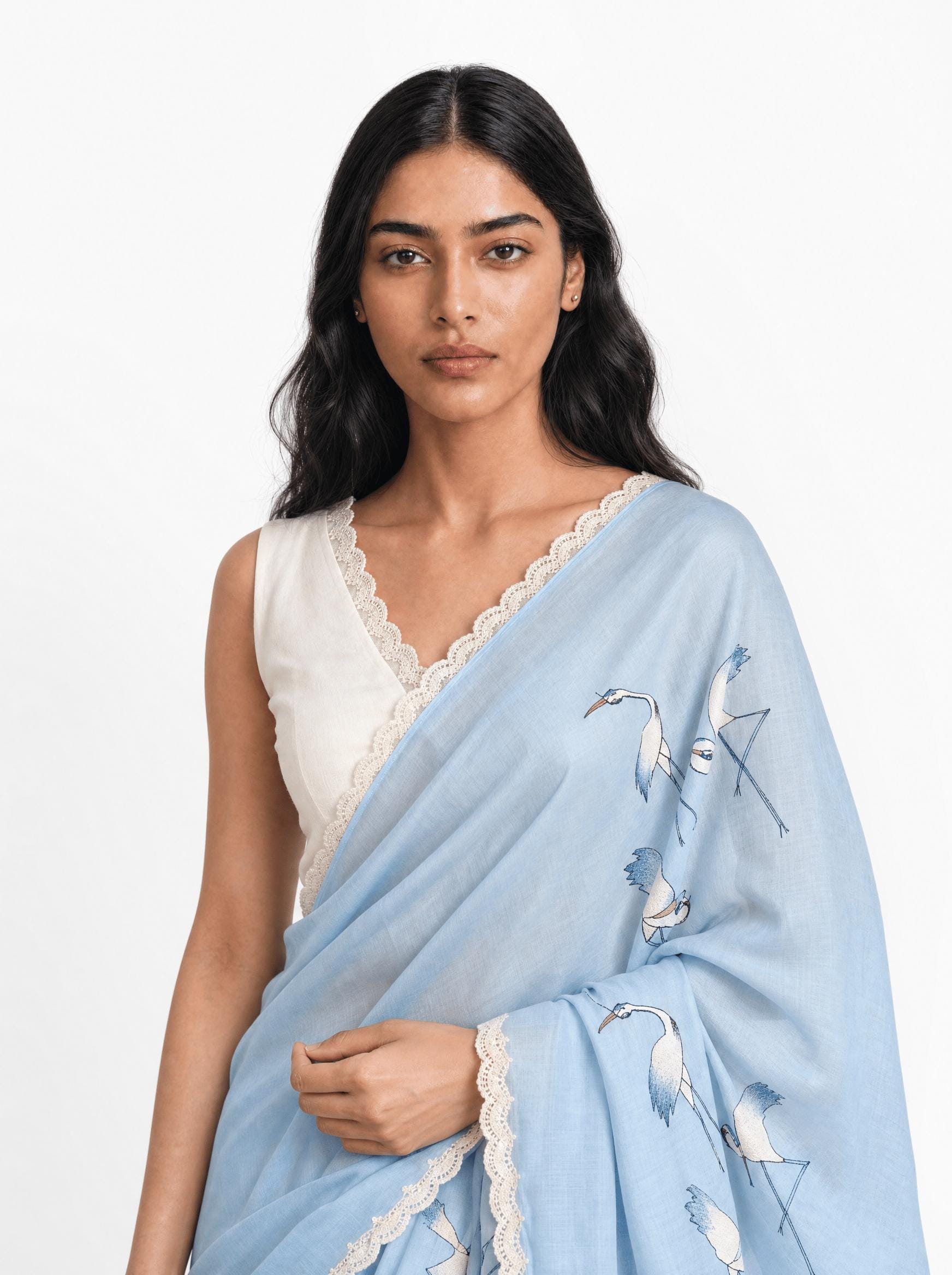 Embroidered Saree Saree Sky Blue & Off-White Mul Chanderi Saree