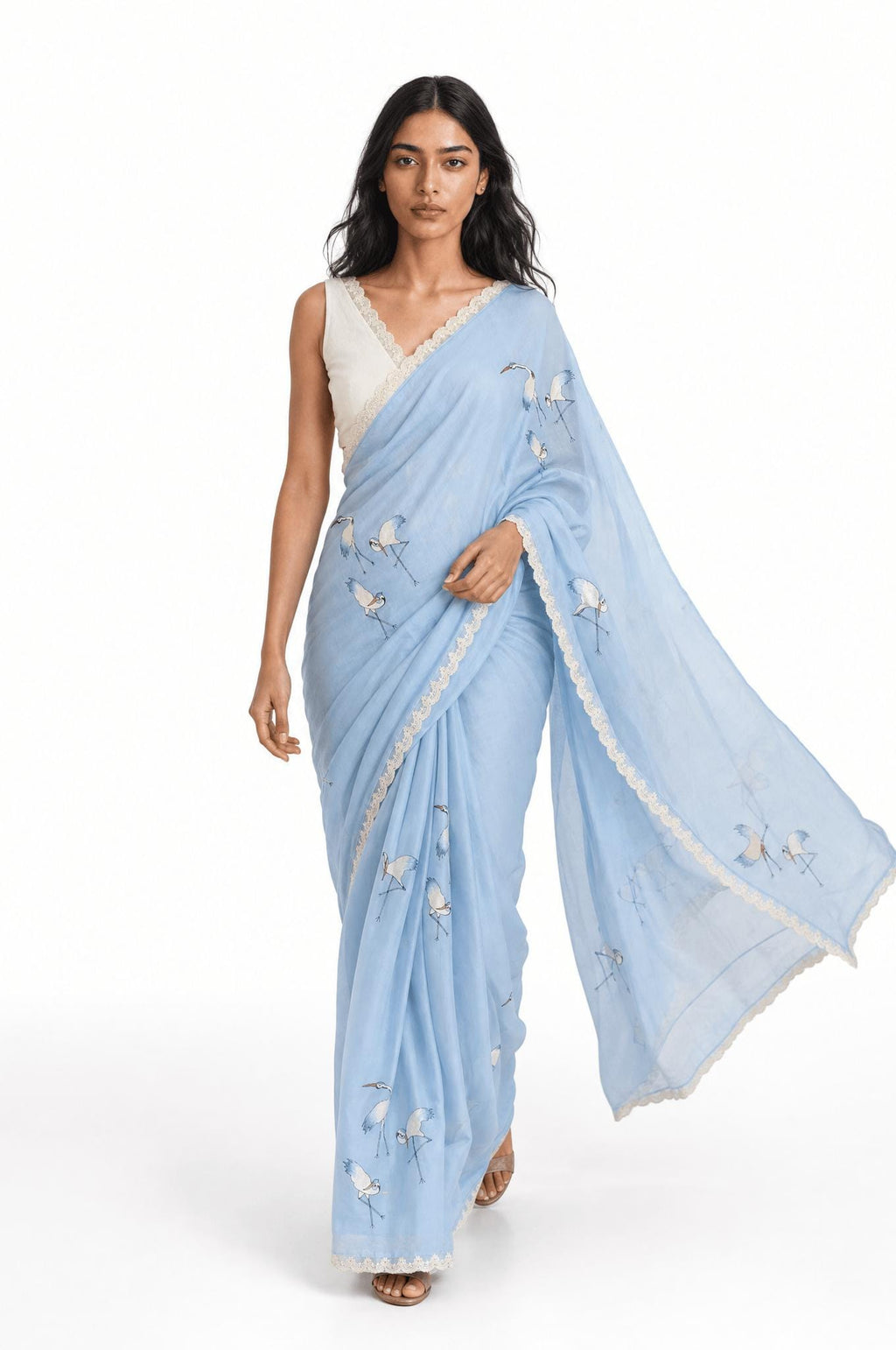 Embroidered Saree Saree Sky Blue & Off-White Mul Chanderi Saree