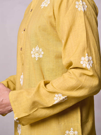 Embroidered Stitched Kurta Men's Stitched Long Kurta Men's Haldi Yellow Silk Linen Chikankari Embroidered Kurta