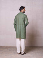 Embroidered Stitched Kurta Men's Stitched Long Kurta Men's Olive Green Silk Linen Chikankari Embroidered Kurta