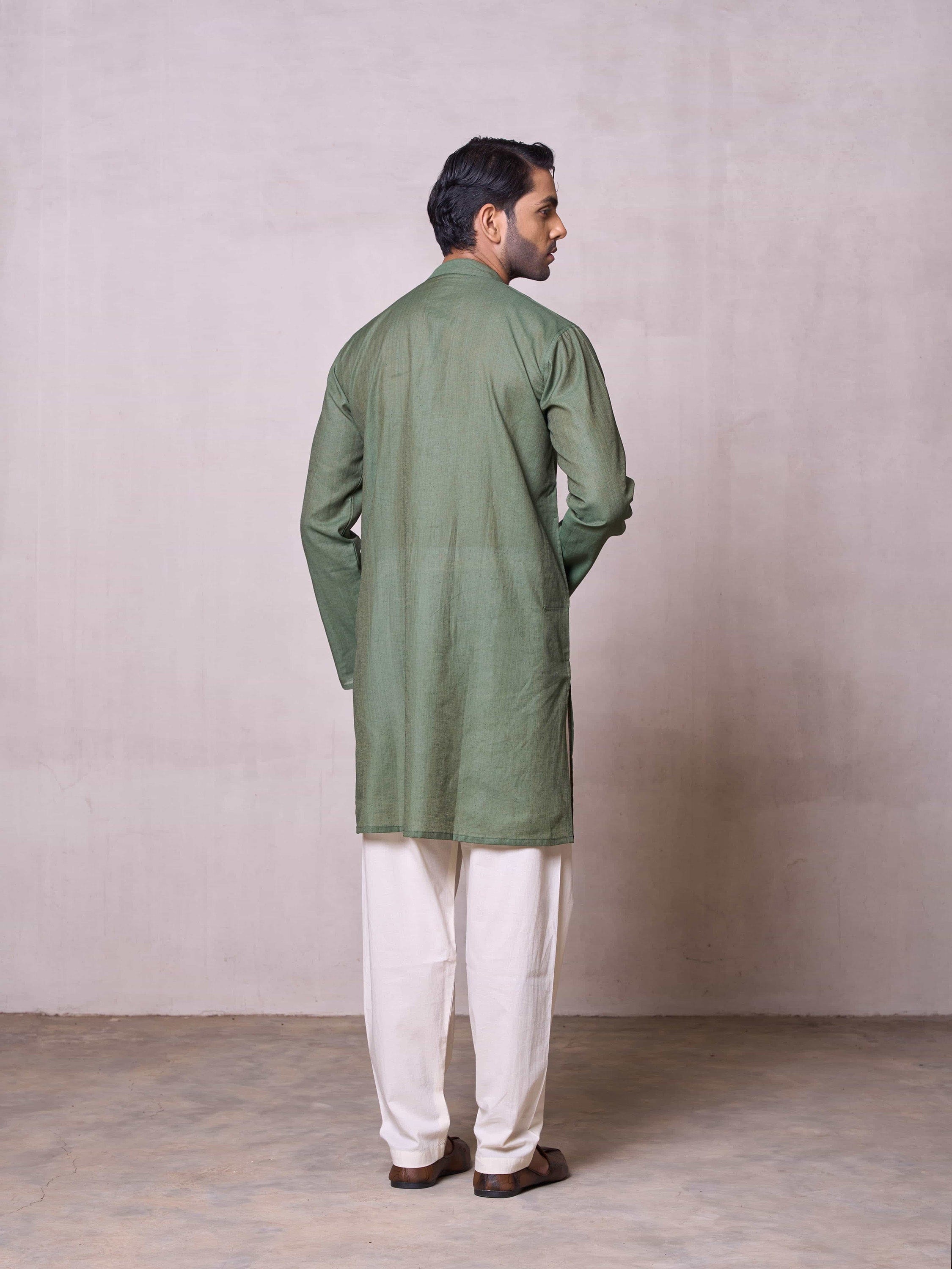 Embroidered Stitched Kurta Men's Stitched Long Kurta Men's Olive Green Silk Linen Chikankari Embroidered Kurta