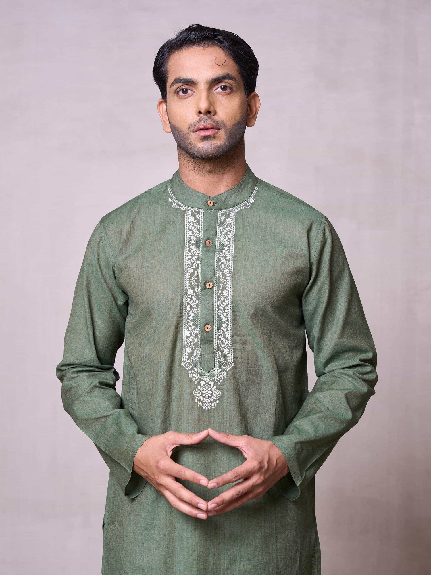 Embroidered Stitched Kurta Men's Stitched Long Kurta Men's Olive Green Silk Linen Chikankari Embroidered Kurta