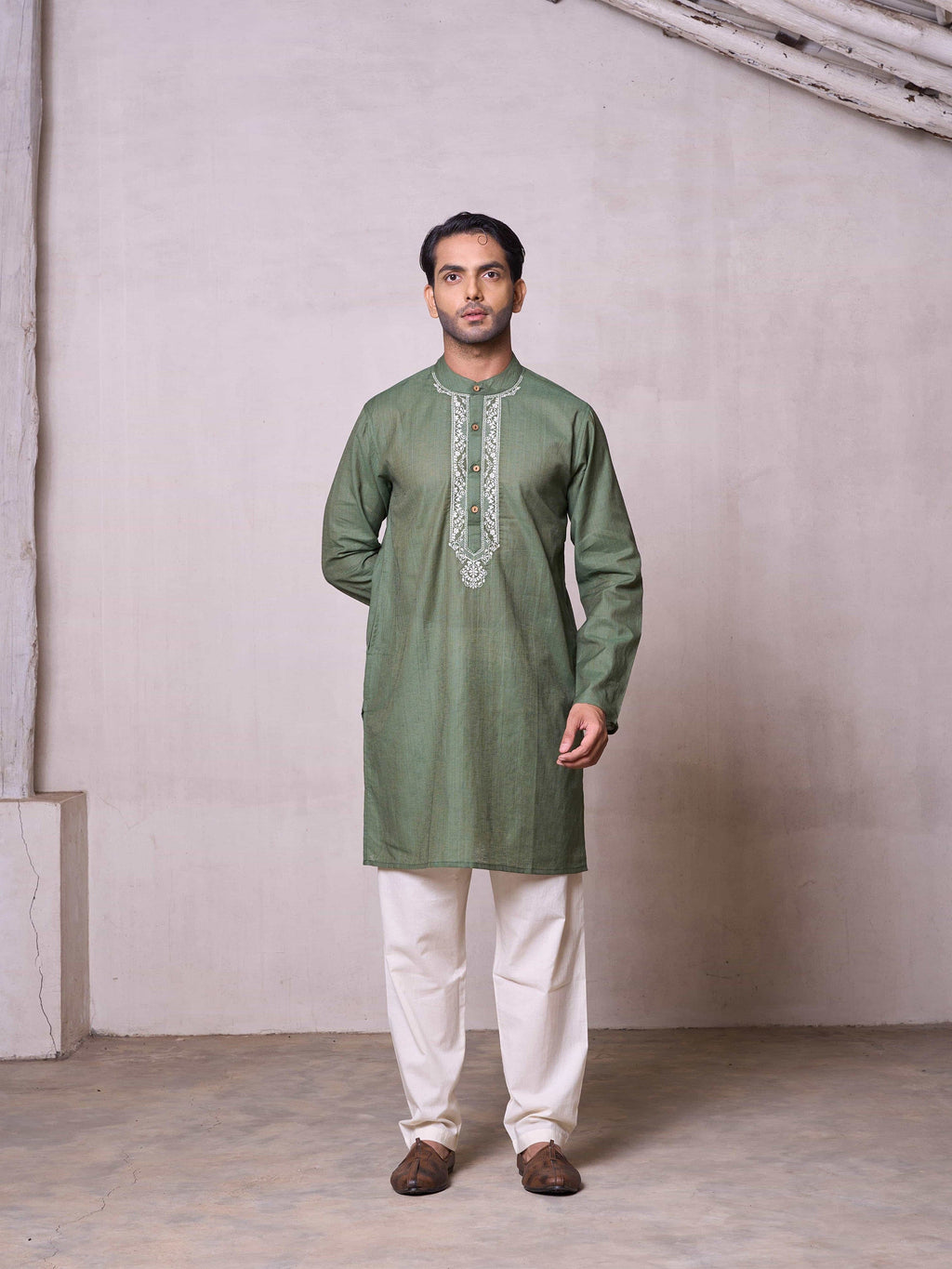 Embroidered Stitched Kurta Men's Stitched Long Kurta Men's Olive Green Silk Linen Chikankari Embroidered Kurta