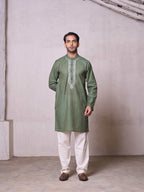 Embroidered Stitched Kurta Men's Stitched Long Kurta Men's Olive Green Silk Linen Chikankari Embroidered Kurta