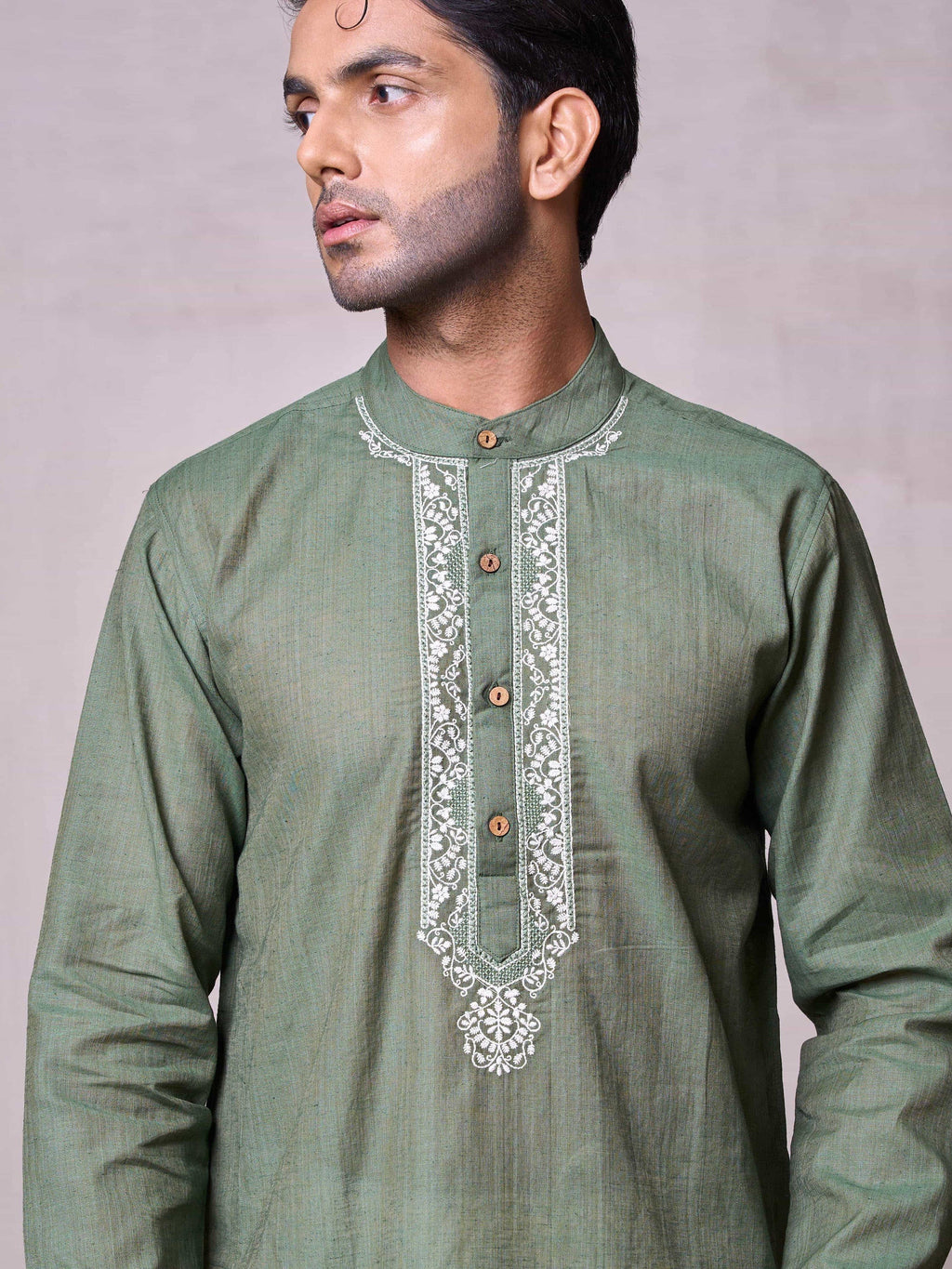 Embroidered Stitched Kurta Men's Stitched Long Kurta Men's Olive Green Silk Linen Chikankari Embroidered Kurta
