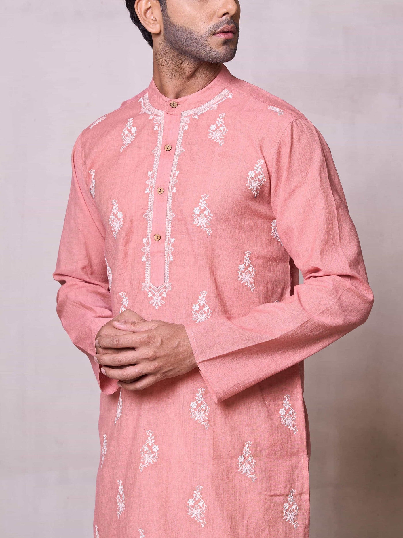 Embroidered Stitched Kurta Men's Stitched Long Kurta Men's Pink Silk Linen Chikankari Embroidered Kurta