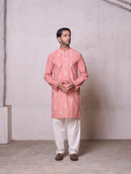 Embroidered Stitched Kurta Men's Stitched Long Kurta Men's Pink Silk Linen Chikankari Embroidered Kurta