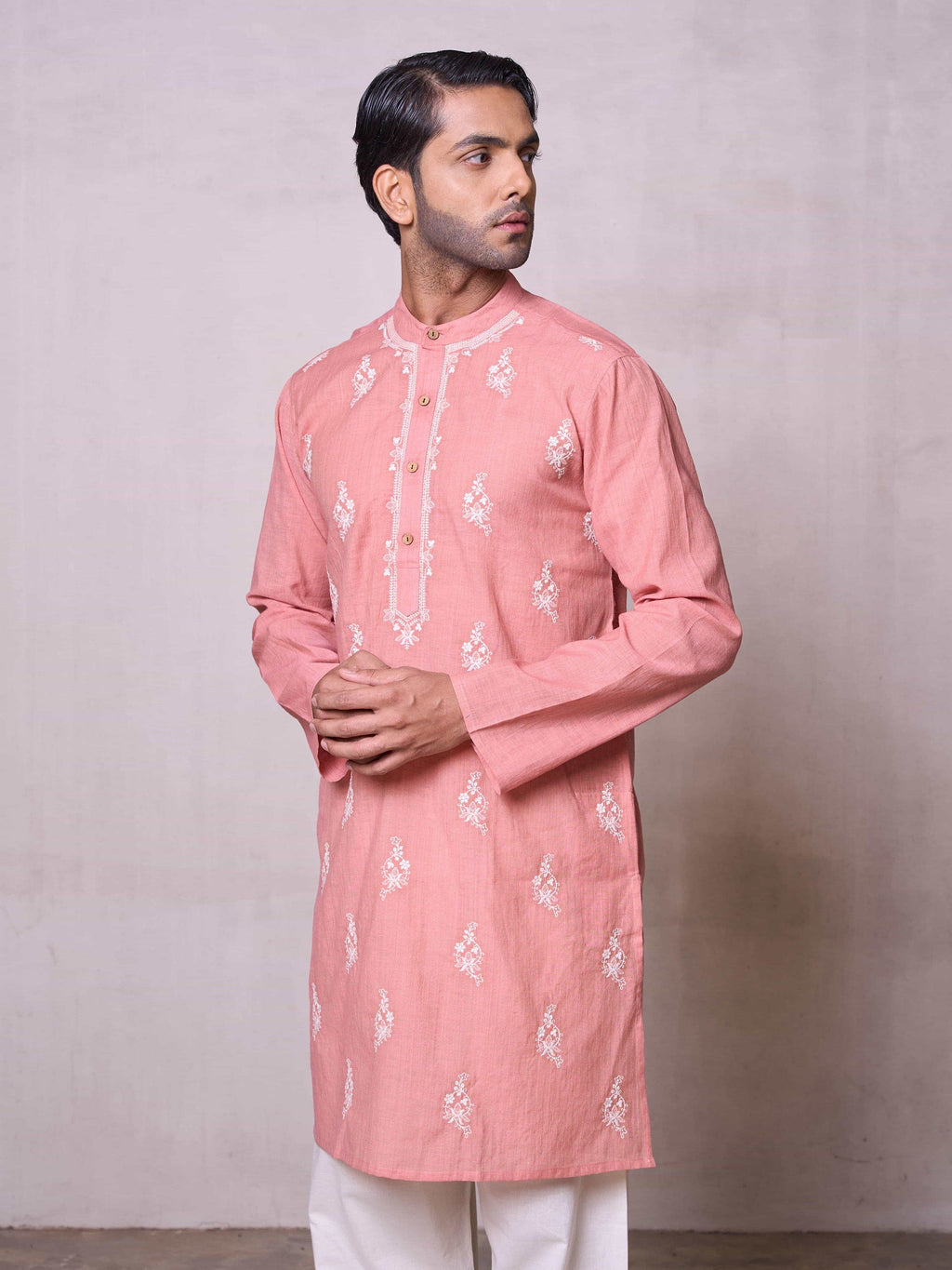 Embroidered Stitched Kurta Men's Stitched Long Kurta Men's Pink Silk Linen Chikankari Embroidered Kurta