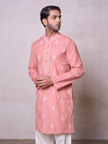 Embroidered Stitched Kurta Men's Stitched Long Kurta Men's Pink Silk Linen Chikankari Embroidered Kurta