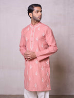 Embroidered Stitched Kurta Men's Stitched Long Kurta Men's Pink Silk Linen Chikankari Embroidered Kurta